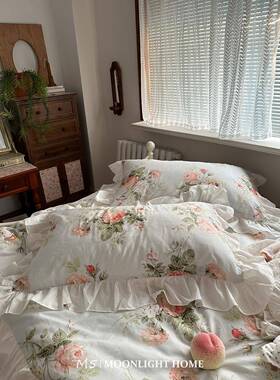 美式田园风荷叶边边花全床上四件套棉床DSU单被纯套床笠床品棉三