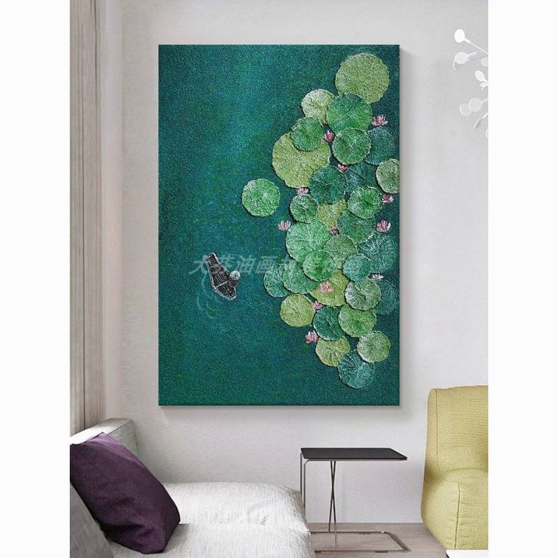 纯手工绘油画好运莲莲寓意玄关客厅装饰画绿色荷花叶肌理立体挂画