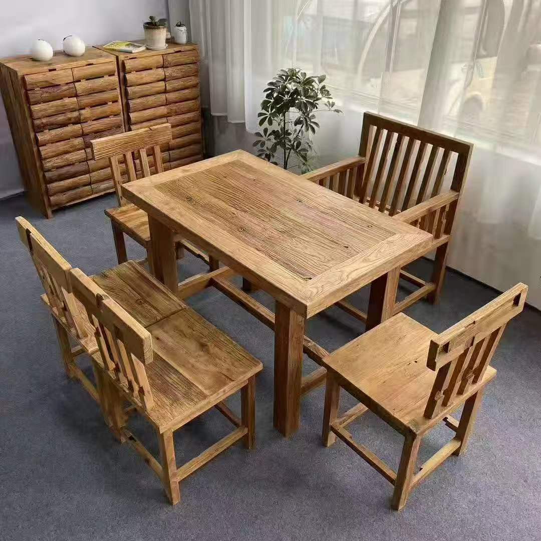 简约餐桌椅组合老榆木餐桌实木长方形家用饭店原木板现代靠背椅子