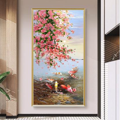鱼图装纯手油画KVD玄关饰绘新中式风景挂画画现代壁画客厅装饰画