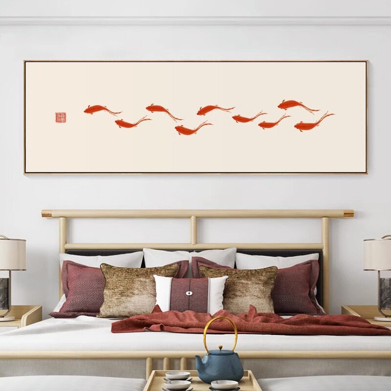 新中式九鱼图客厅玄关装饰画中国风九条鱼竖版鲤鱼图餐厅挂画
