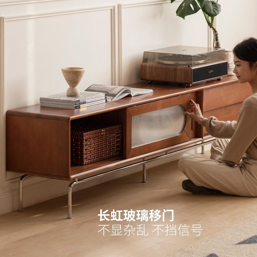 实木视电柜法式复古储985玻璃移门物柜客厅中家古高脚用地柜