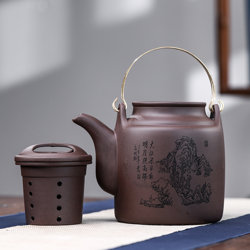 大茶壶内胆过滤茶壶大容量大号紫砂壶铜提梁洋桶壶半手工大紫砂壶