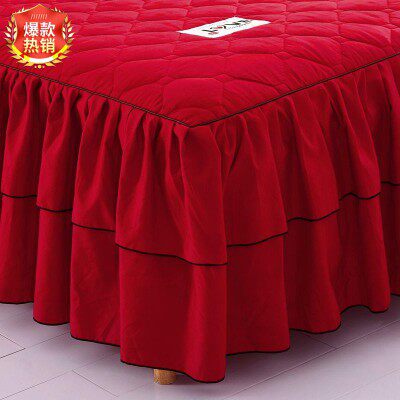 韩版全夹棉牀裙纯棉四件式纯色加厚牀罩婚庆防滑牀套枕套1.8牀2.0