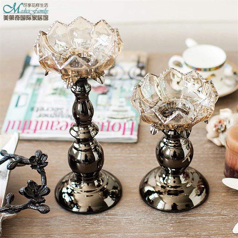 珠光玻璃尖瓣莲花烛台 风灯装饰品摆件 欧式客厅摆设家居配饰