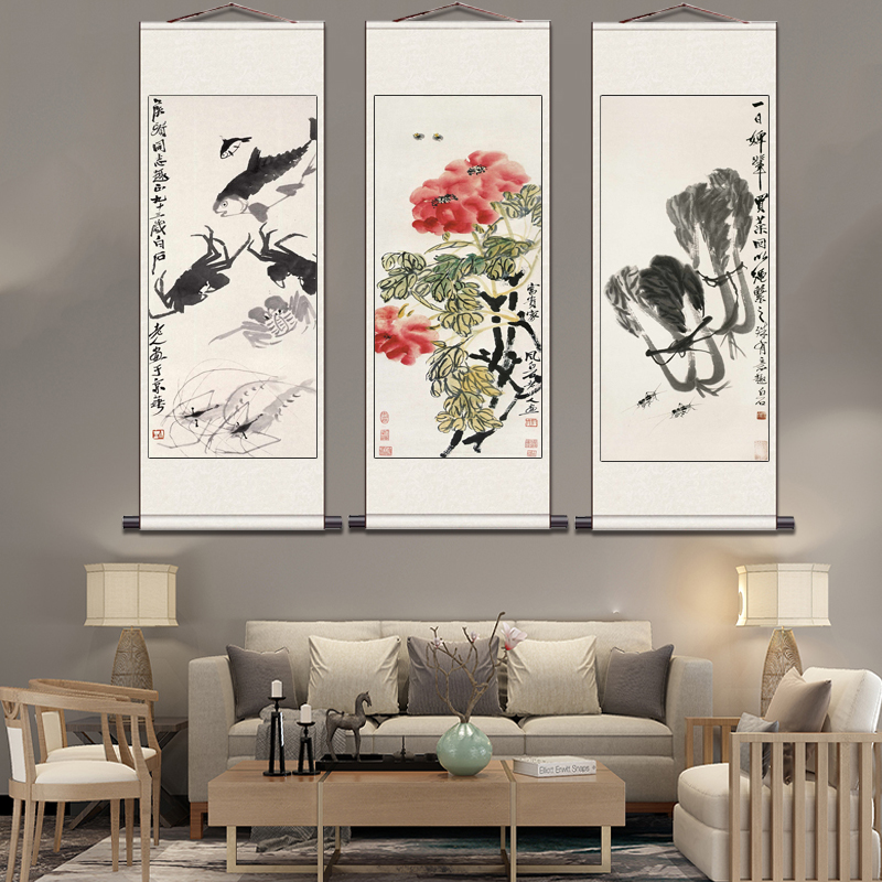 国画牡丹花鸟画卷轴字画百财白菜图齐白石名家字画装饰挂画卷轴画