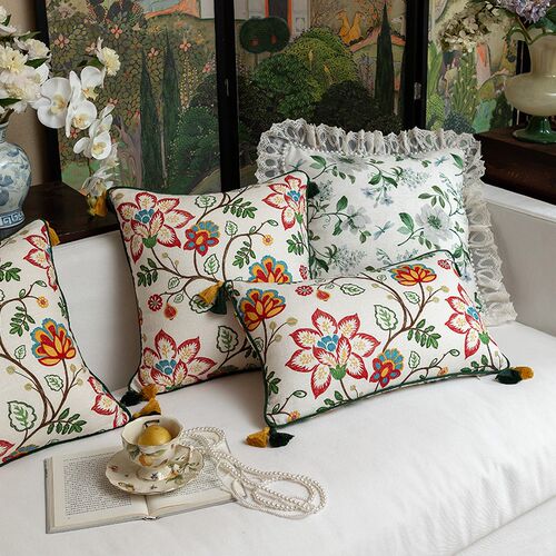 亚麻抱枕美式田园高级氛围感客厅沙发靠枕靠垫花卉腰枕套床头靠背