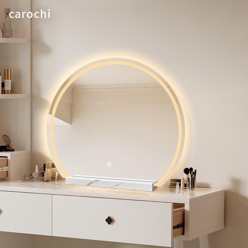 半圆形镜子led带灯智能梳妆镜桌面台式带底座立式主卧大号化妆镜