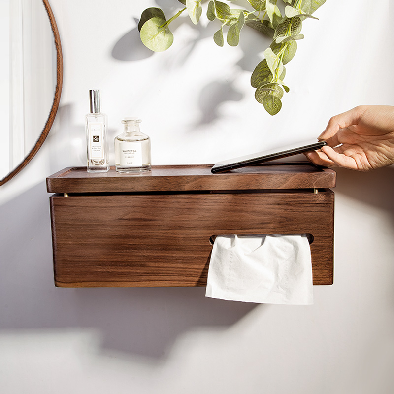 卫生间纸巾盒厕所卷纸盒抽纸壁挂免打孔卫生纸厕纸实木防水置物架