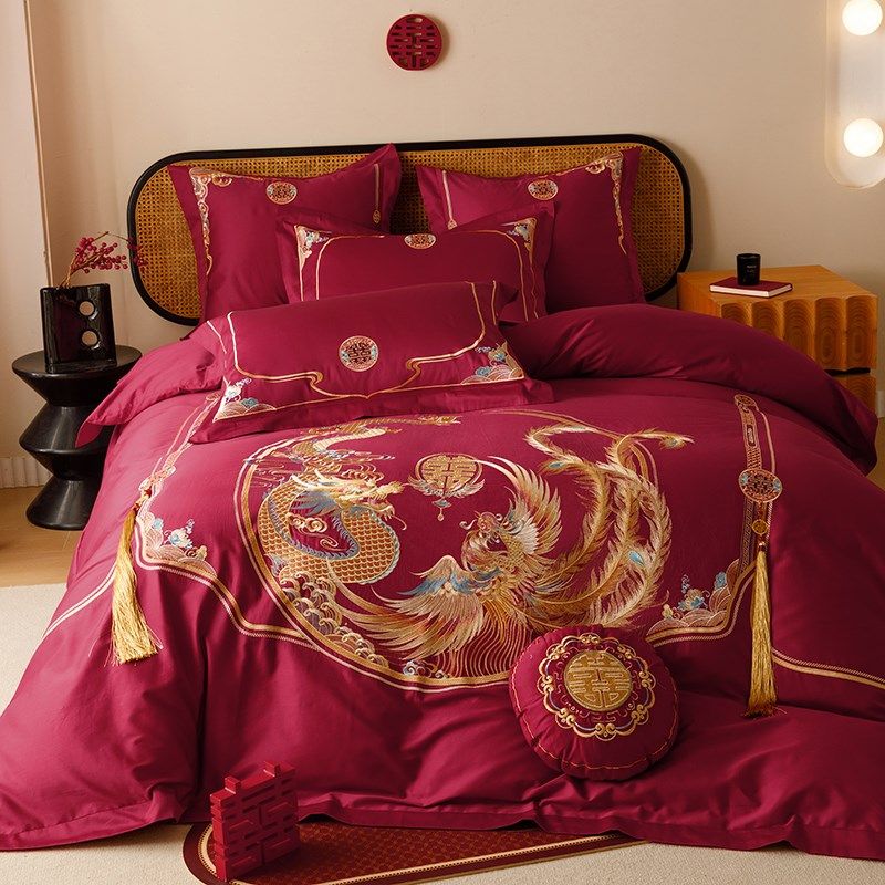 婚庆红色龙凤刺绣100s长绒棉四件套纯棉被套全棉结婚陪嫁床上用品