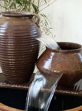 流摆件瀑态布循环水法生鱼缸造景全套陶QYR瓷阳水台养鱼陶罐过古