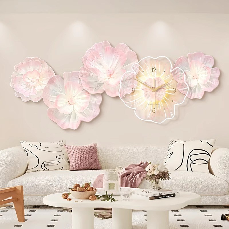奶油牡丹花客厅h沙发背景墙装饰画高级感钟表挂钟餐厅壁画艺术挂
