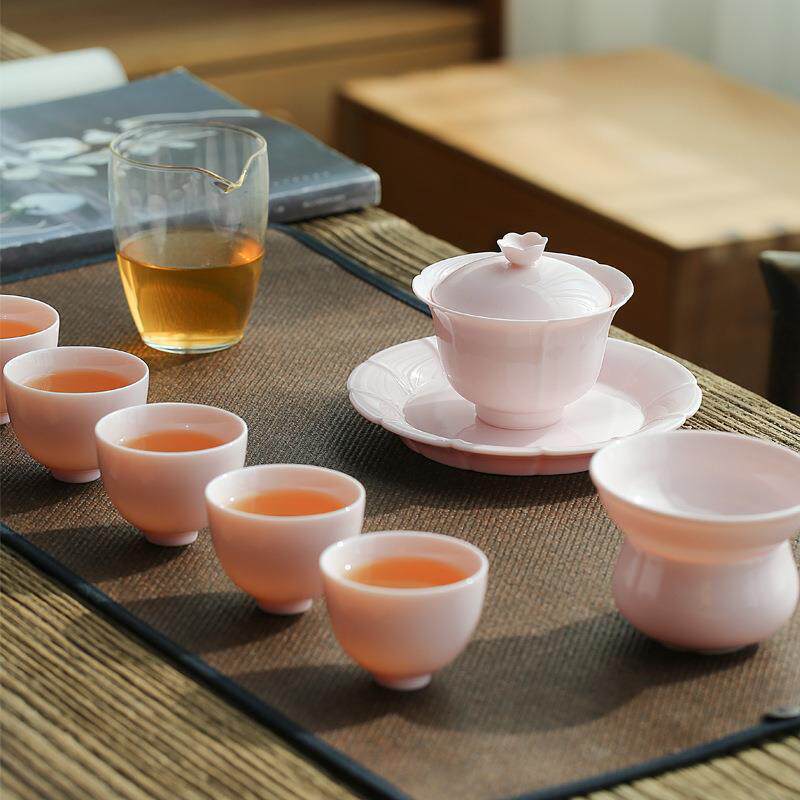 粉色功sfgf0053夫茶具套装室客厅简约泡茶办公喝茶用羊脂玉盖家碗