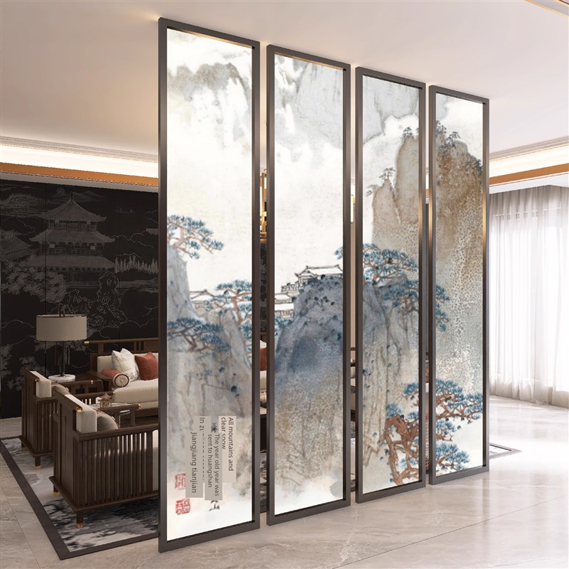 新中式高b端山水画艺术玻璃客厅屏风隔断入口入口浴室家居隔断