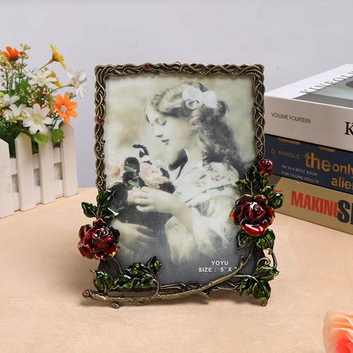 xy0042时欧式复古玫瑰属花金尚框摆台，家庭摆件装相饰点缀相框