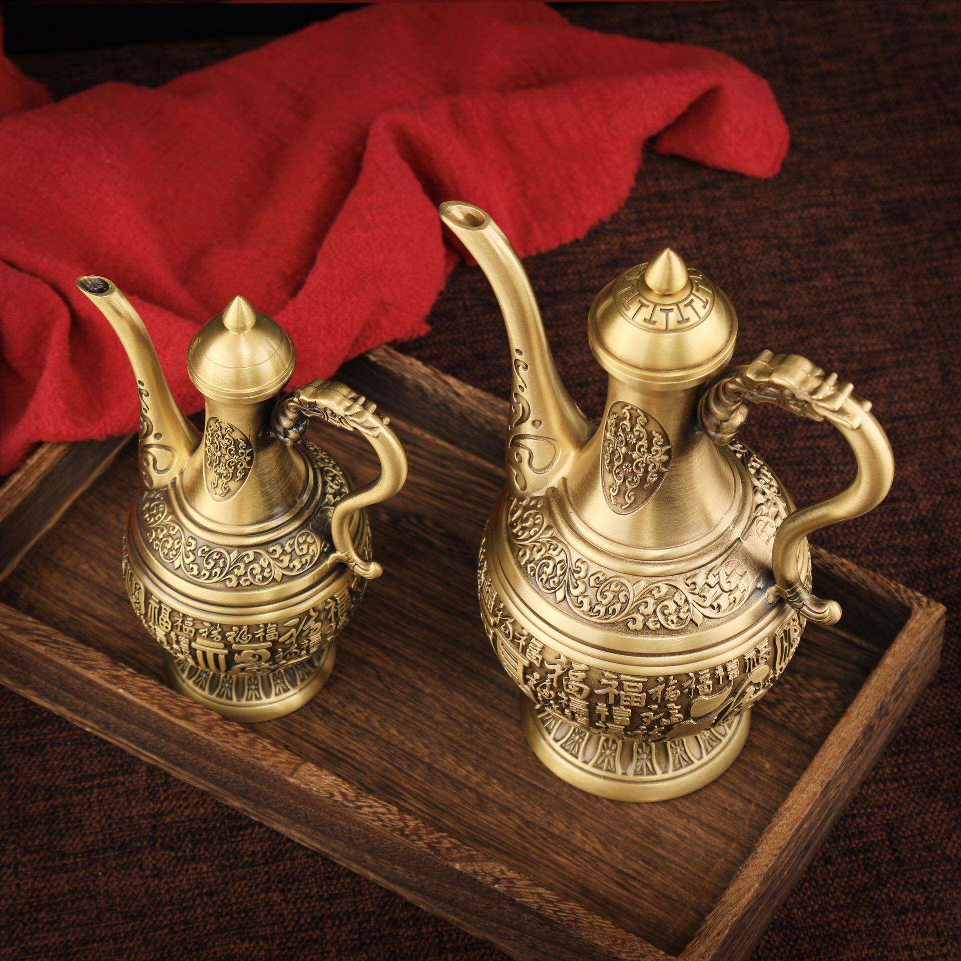 康乾黄酒LS-B123-铜浮雕百福壶轻奢铜酒壶家装酒饰品铜百福壶居摆