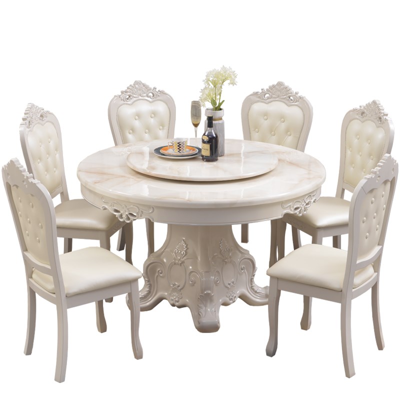 大理石饭桌1桌6椅简约欧式圆桌带转E盘实木圆形餐桌椅组合家用桌