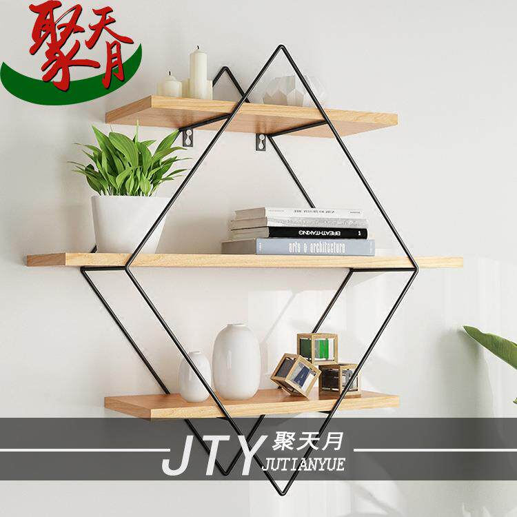 现代简约实上墙木置架客物厅18041701书房创景意菱形书架背隔板装