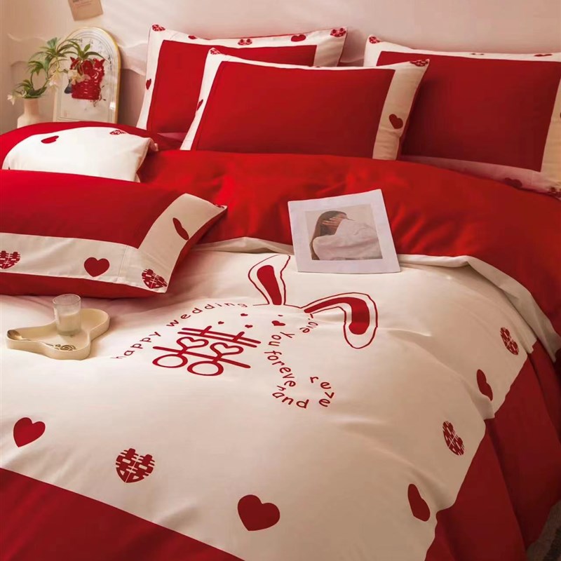 高档陪嫁结婚四件套红色床单被套全棉纯棉婚庆床上用品新婚房喜被