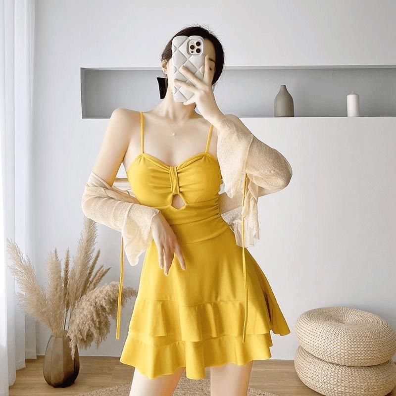 泡温泉游泳衣女士连体保守遮肚显瘦长袖超仙ins韩国裙式小胸套装