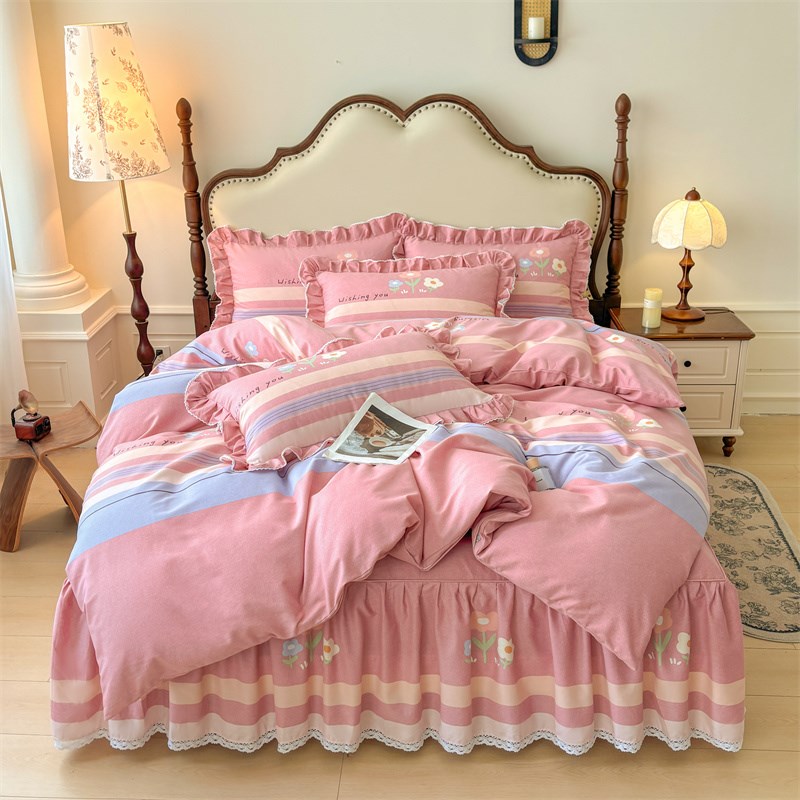 纯棉拉丝床裙床罩纯棉边床床单床罩防滑裙床围裙被套四件套