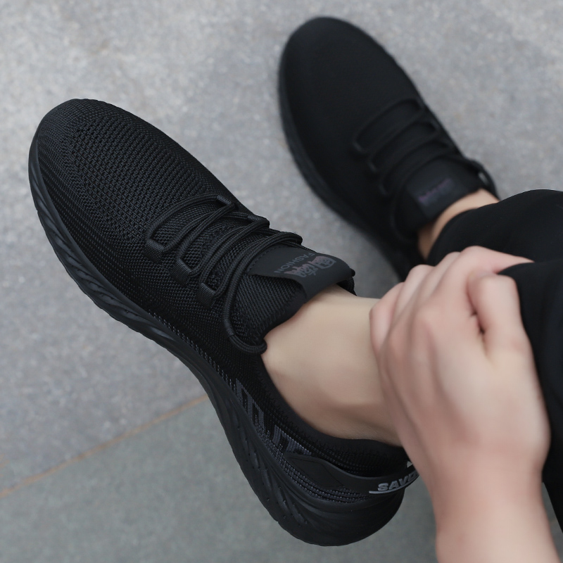 春季男鞋夏款运动鞋黑色飞织网面透气爸爸休闲工作鞋软底男士鞋子