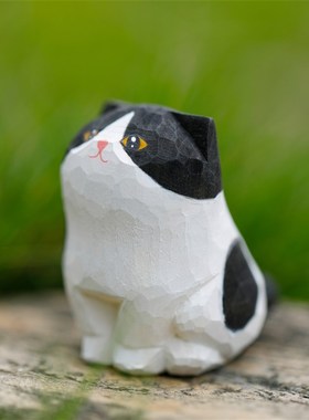 手工木雕奶牛猫摆件软萌可爱w办公桌面装饰实木雕刻玩偶创意小礼