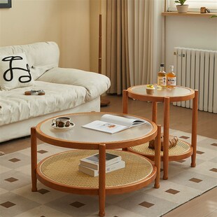 实木原木奶油风茶几家用小户型简约现代客厅藤S编圆形玻璃茶边几