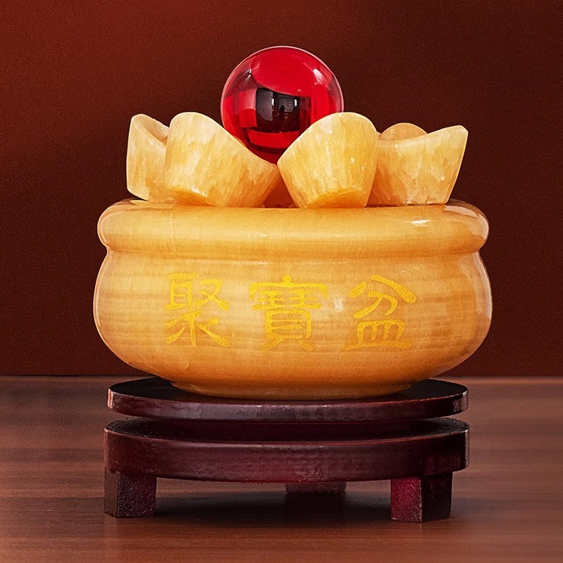 天然黄玉聚宝盆摆件招财聚财中式客厅装饰品开业礼物