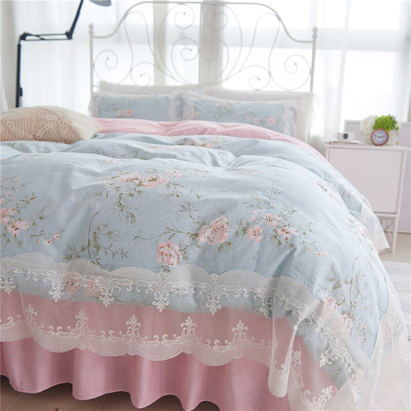 全棉韩版田园碎花床裙四件套公主风蕾丝花边被套1.8m床上用品