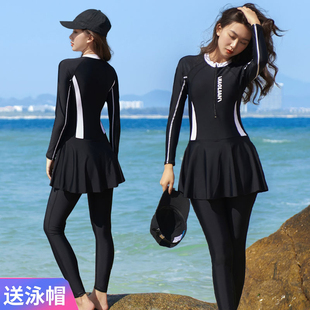 黑色遮肚显瘦大码 q长裤 学生专业防晒游泳衣 连体平角长袖 保守裙式