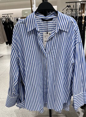 新品春秋蓝色竖条纹设计感高级感法z式纯棉府绸衬衫衬衣女3362737