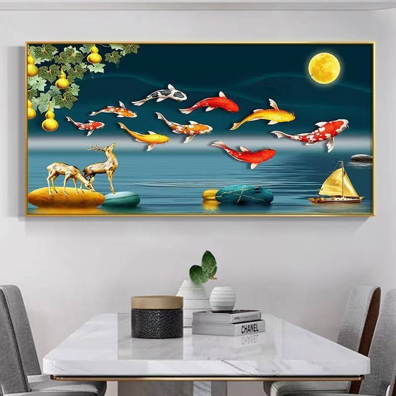 现代简约餐厅装饰挂画客厅沙发背景墙画饭厅餐桌九鱼图高级感壁画图片