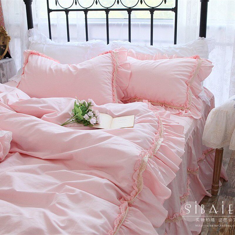 韩式法式纯粉百搭绣花蕾丝花边全棉床裙款床上用品被套四件套