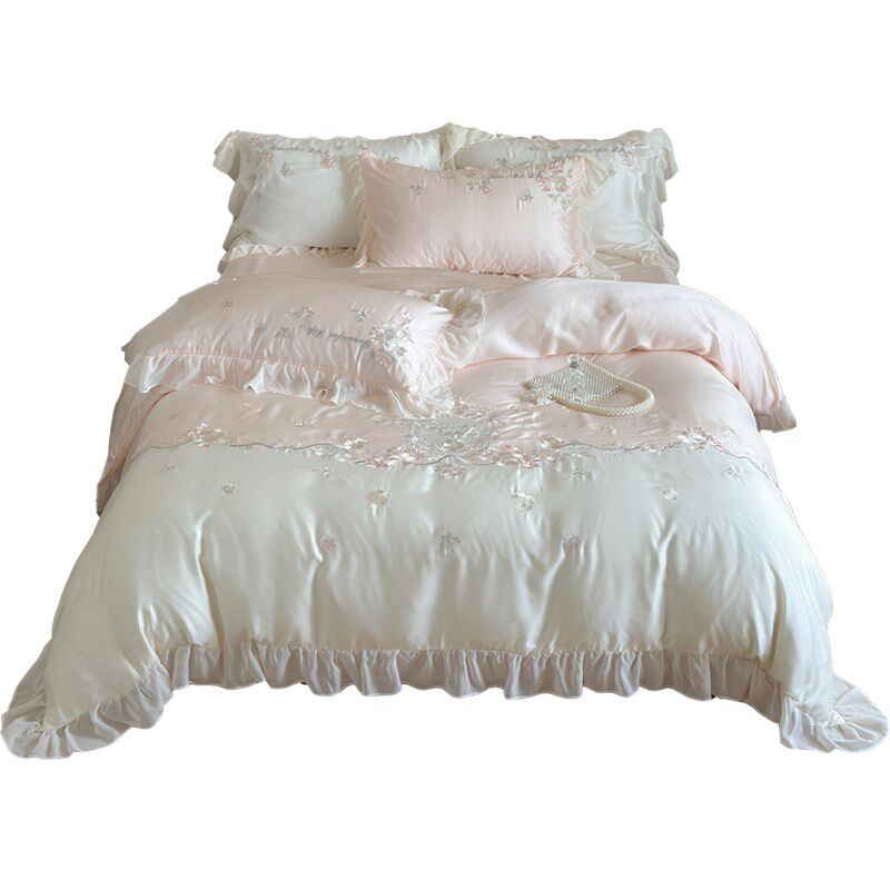 A类法式公主100S长绒棉四件套2025新款粉色少女玫瑰床单被套床品4