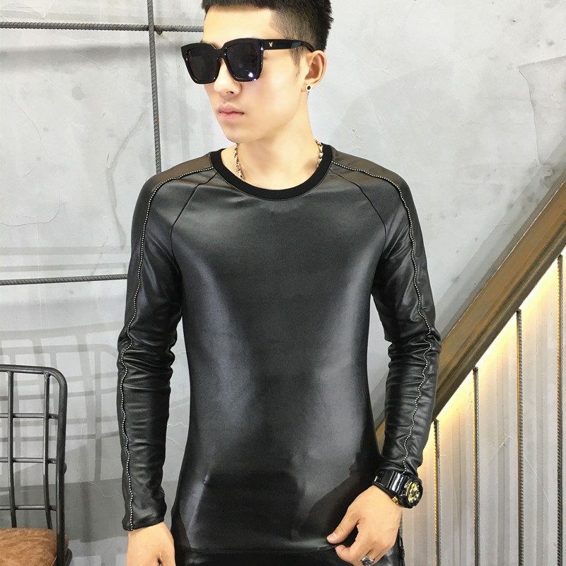 高领pu皮t恤男加绒加厚秋冬新款韩版长袖紧身潮打底衫挡防风防水