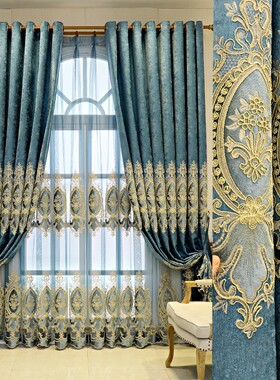 豪华欧式窗帘高档客厅阳台落地窗帘卧室遮光M窗帘成品定制蓝色新