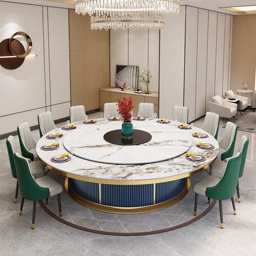 酒店餐桌大圆桌j电动转盘带岩板高档餐厅商用火锅桌带电磁炉别墅
