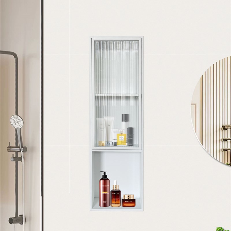 奶油风304不锈钢壁龛嵌入式带玻璃门卫生间浴室置物架柜成品定制