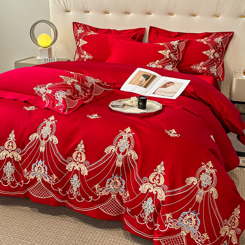 高档欧式全棉结婚四件套大红色床单被套纯棉婚庆床上用品婚房喜被