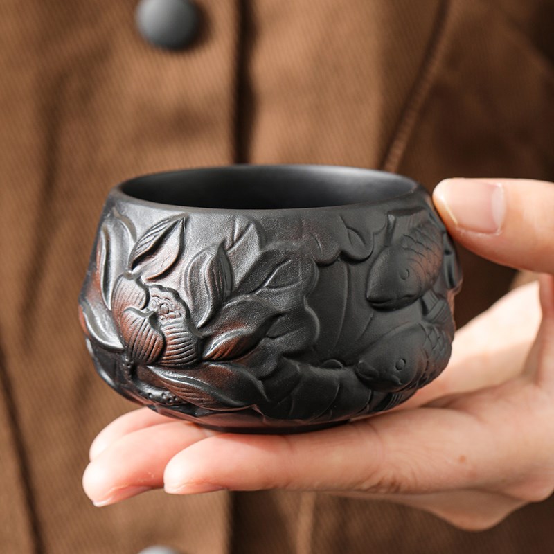 紫陶荷塘主人杯陶瓷功夫茶s杯茶具个人专用品茗杯大容量茶碗w0291