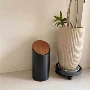 家用客厅办公室斜m口摇盖带盖垃圾桶简约现代民宿高颜值圆形纸篓