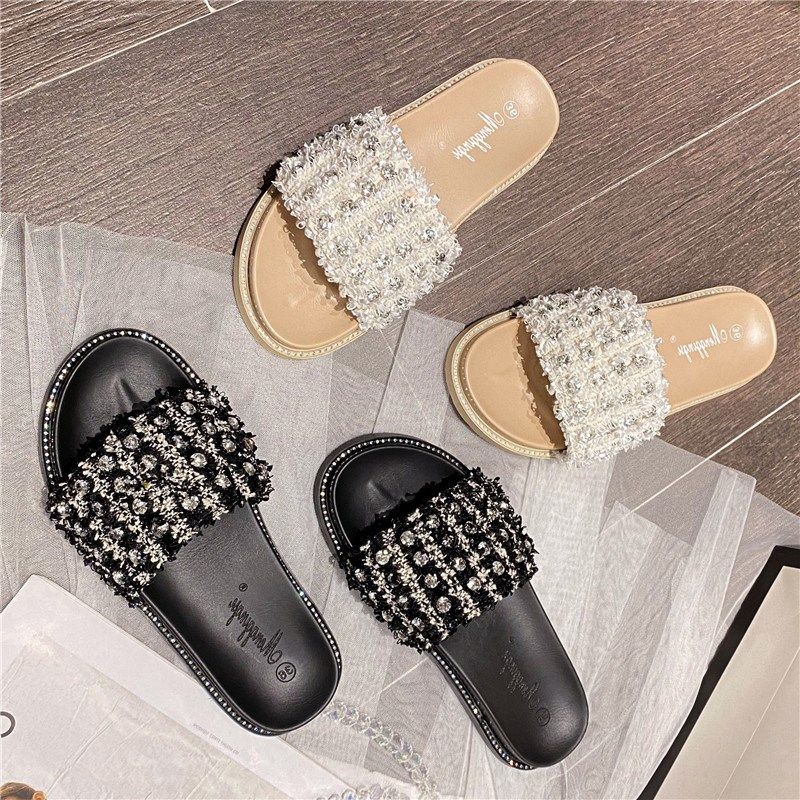 大码拖鞋女外穿41一43妈妈夏珍珠水钻扣凉拖平底加宽潮时尚40厚底,女鞋,一字拖,淘宝优惠券,粉丝福利购,淘宝优惠卷