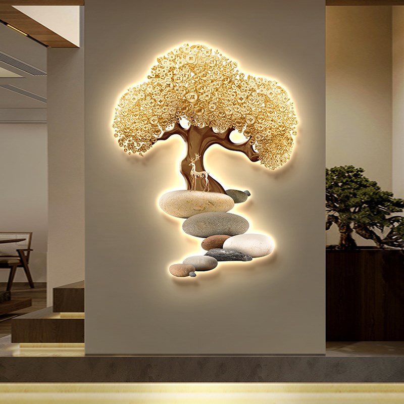 发财树入户玄关装饰画对门过道走廊吉祥鹿led壁灯画发光简约挂画