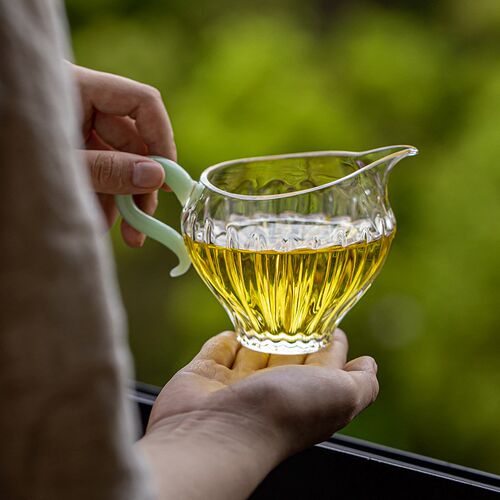 高硼硅玻璃公道杯带把手公杯分茶器茶海功夫茶具套装带手柄瓜棱杯