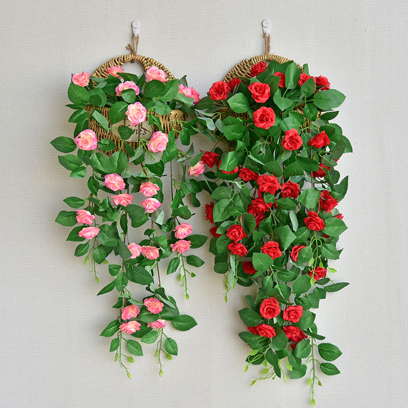墙面装饰仿真花束玫瑰花藤客厅墙上壁挂式装饰花仿真绿萝假花套装