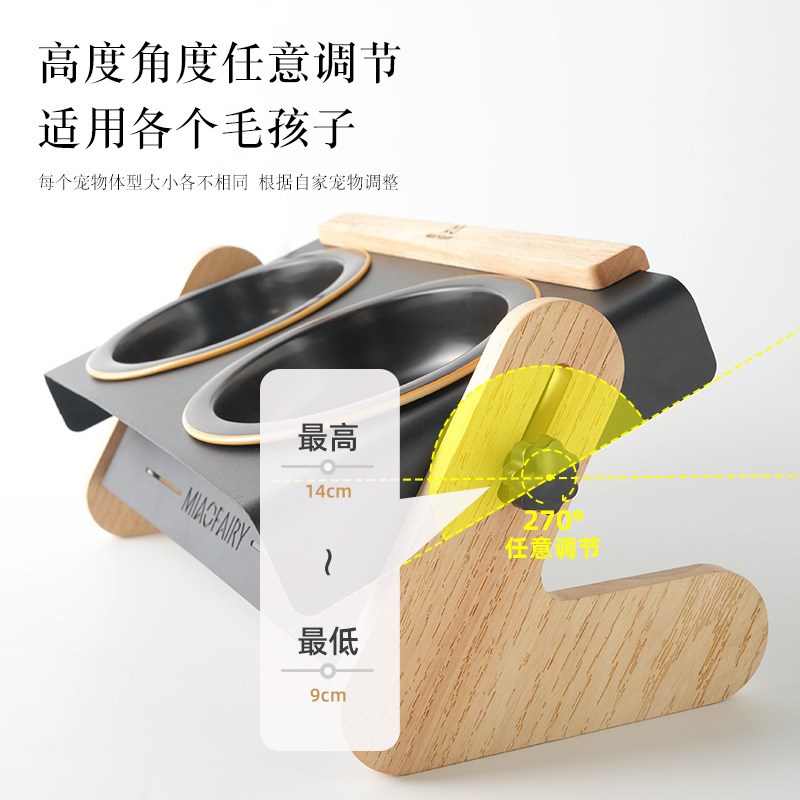 猫食盆陶瓷实木碗架可调节斜面护颈狗碗双碗水碗慢食碗防打翻猫碗