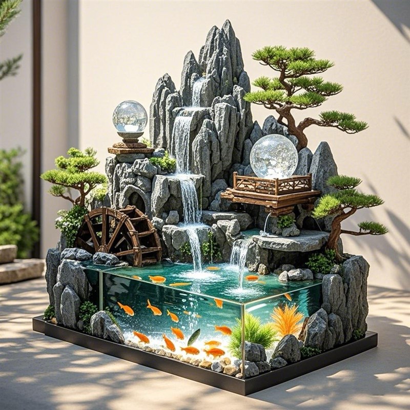 假山喷泉鱼池水景瀑布别墅办公室装饰大型水幕墙招财流水景观摆件