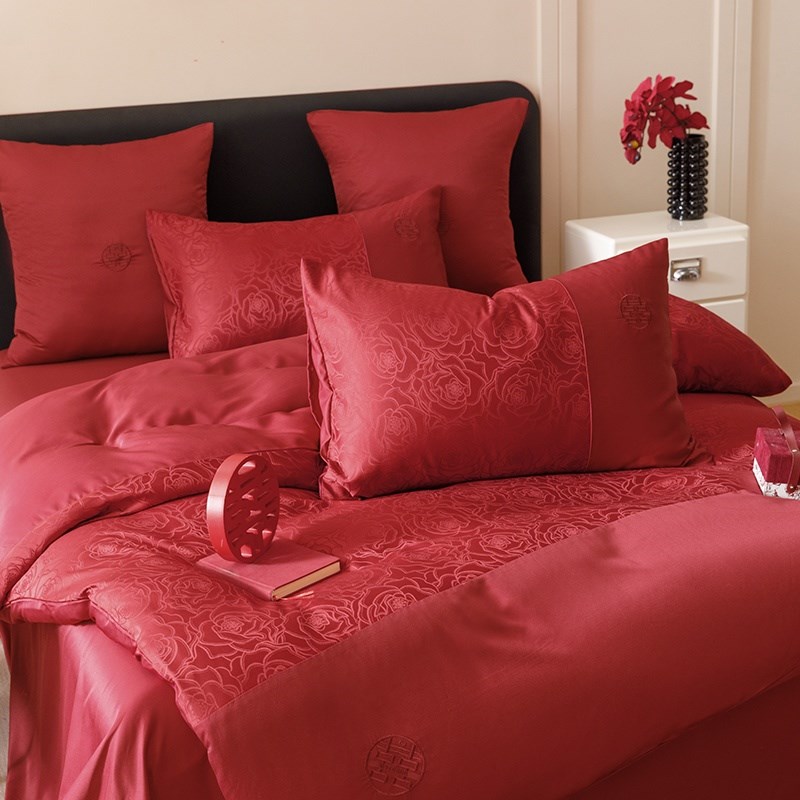 高档中式结婚四件套大红色新婚床单被套纯棉婚庆床上用品婚房喜被