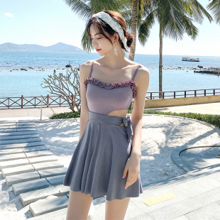 大渔泳衣 连体保守遮肚显瘦清新度假温泉游泳衣 甜美气质拼色裙式